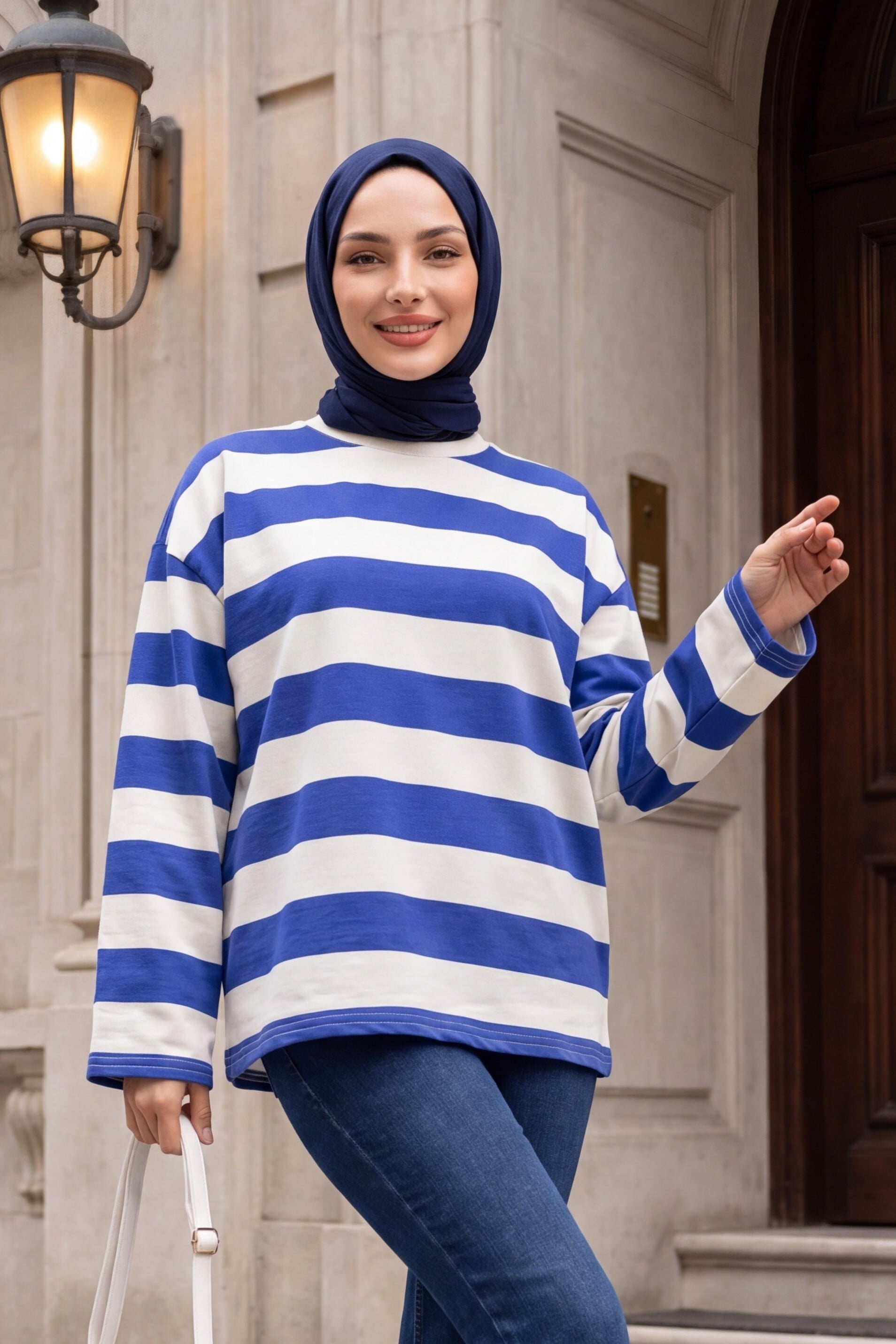 Crew Neck Thick Striped Sweatshirt - Blue - Podyumplus - by Peralane - photo 2