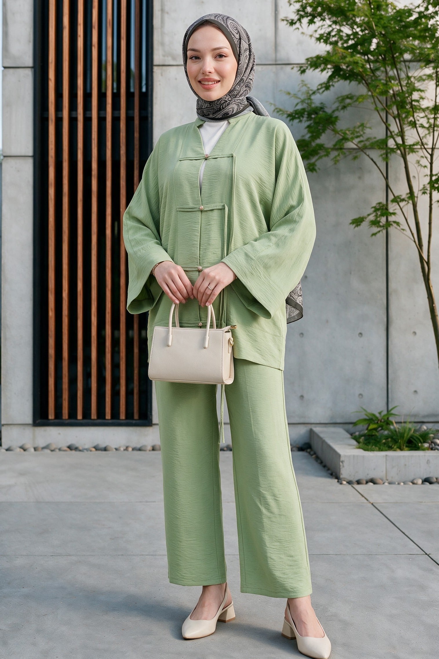 Front Stone Button Wide Leg Trouser Set - Light Green - Podyumplus - by Peralane - photo 2