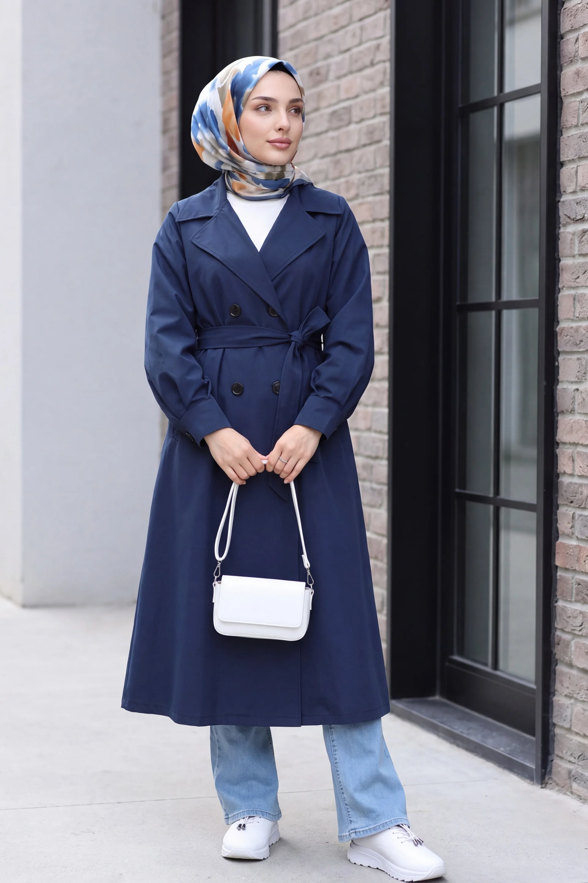 Oversize Belted Trench Coat with Balloon Sleeves - Navy - Podyumplus - by Peralane - photo 5