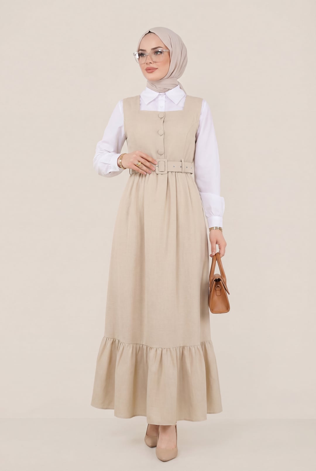 Top Buttoned Shirt and Pinafore Dress Set - Beige - Podyumplus - by Peralane - photo 3