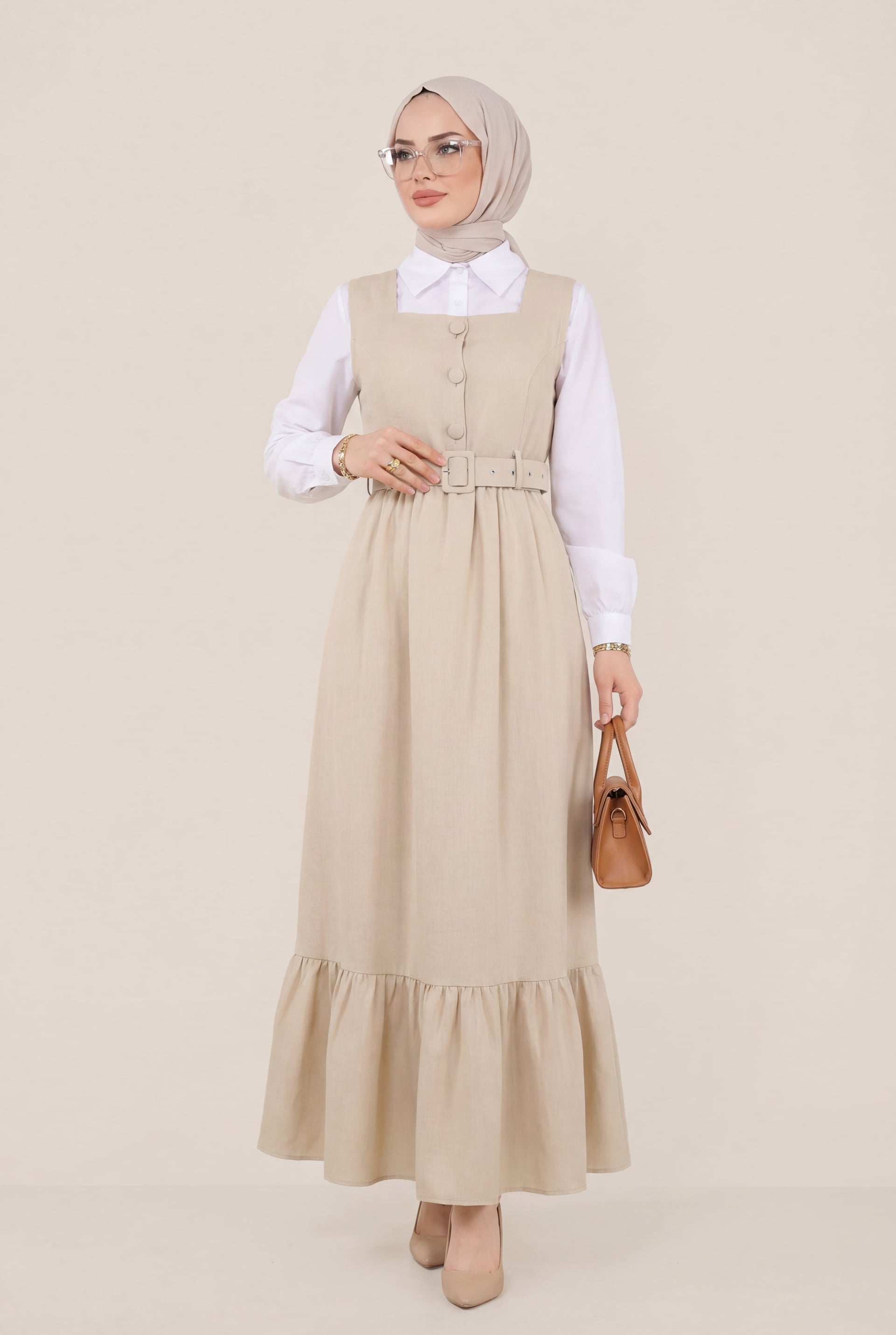 Top Buttoned Shirt and Pinafore Dress Set - Beige - Podyumplus - by Peralane - photo 3