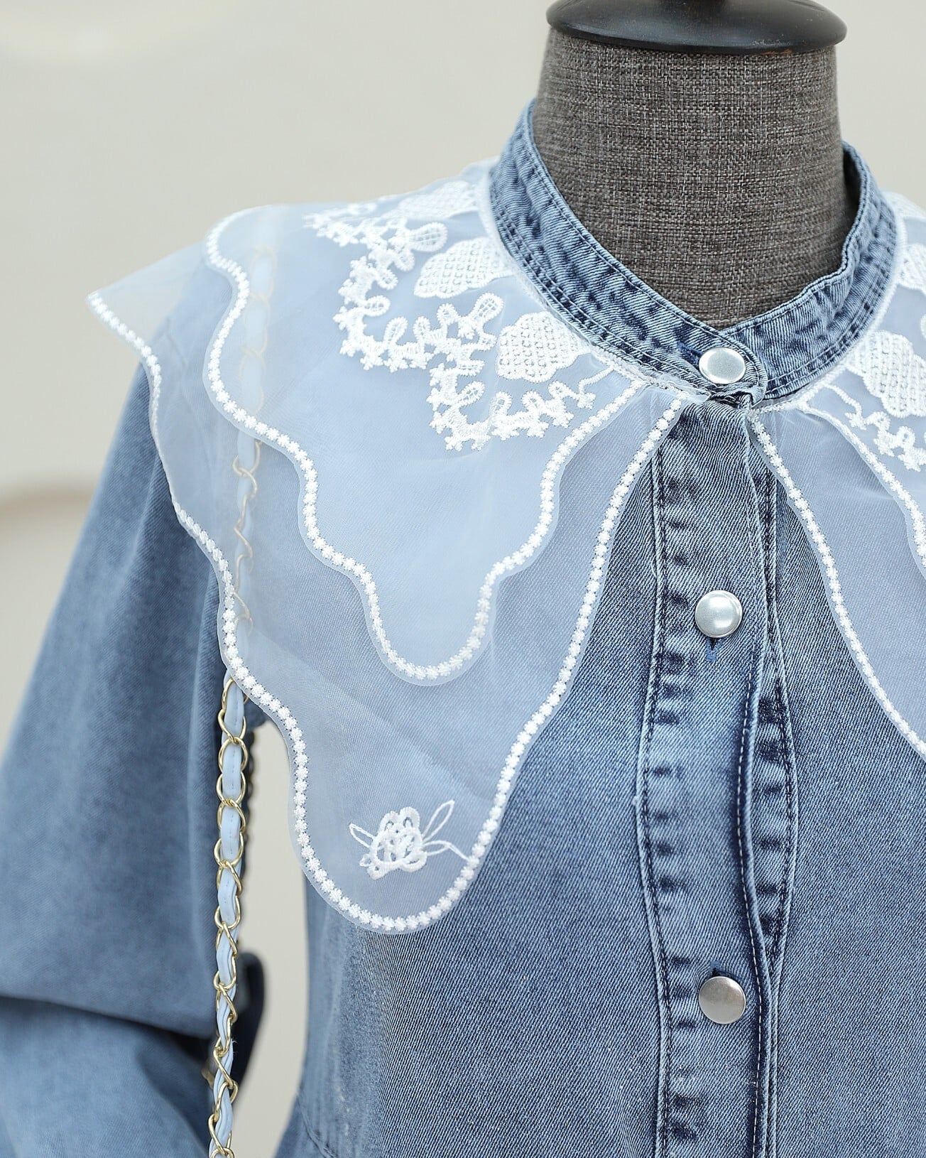 Women's Light Blue Denim Maxi Dress with Organza Collar Detail - Podyumplus - by Peralane - photo 6