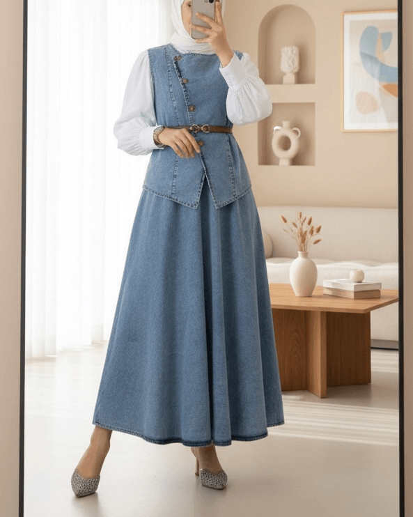 Cross Button Belted Denim Vest and Skirt Set - Ice Blue - Podyumplus - by Peralane - photo 2