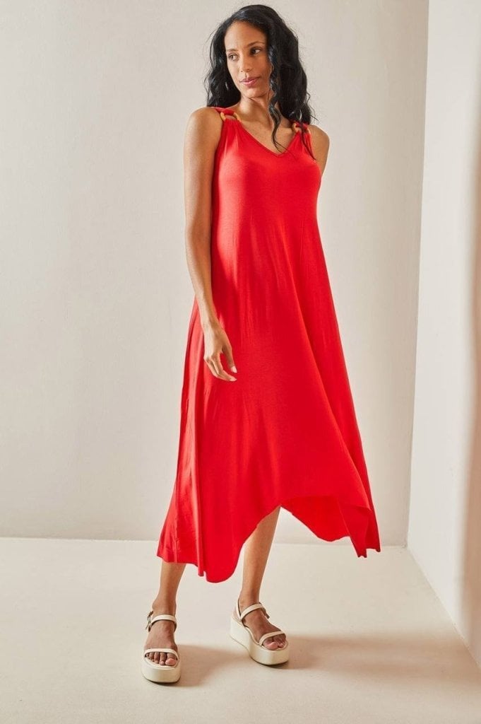 Women's Red V-Neck Spaghetti Strap Midi Dress with Ring Details - Janes - by Peralane