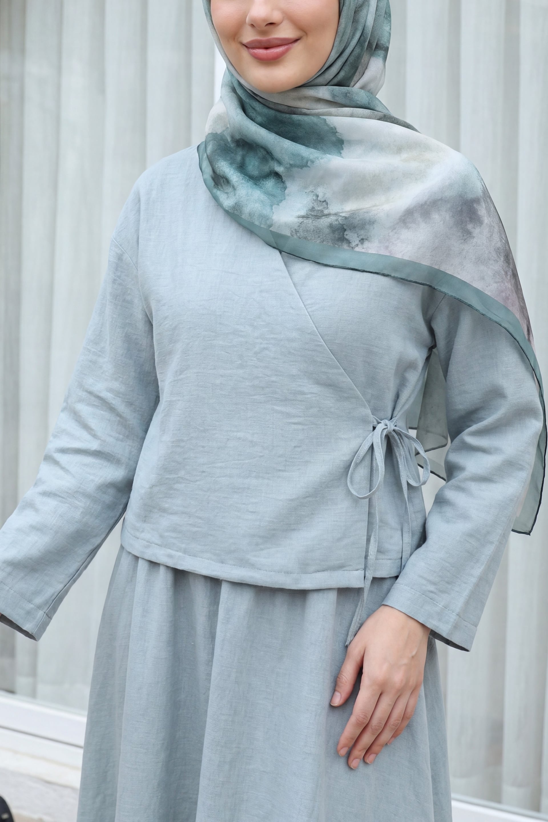 Side-Tie Linen-Look Maxi Skirt Set - Light Grey - Podyumplus - by Peralane - photo 3