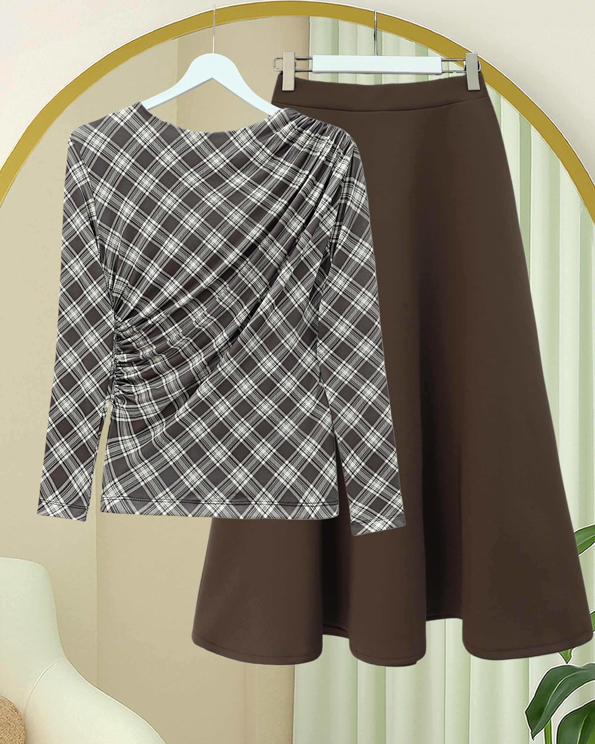 Side Ruched Plaid Blouse - Brown - Podyumplus - by Peralane - photo 3