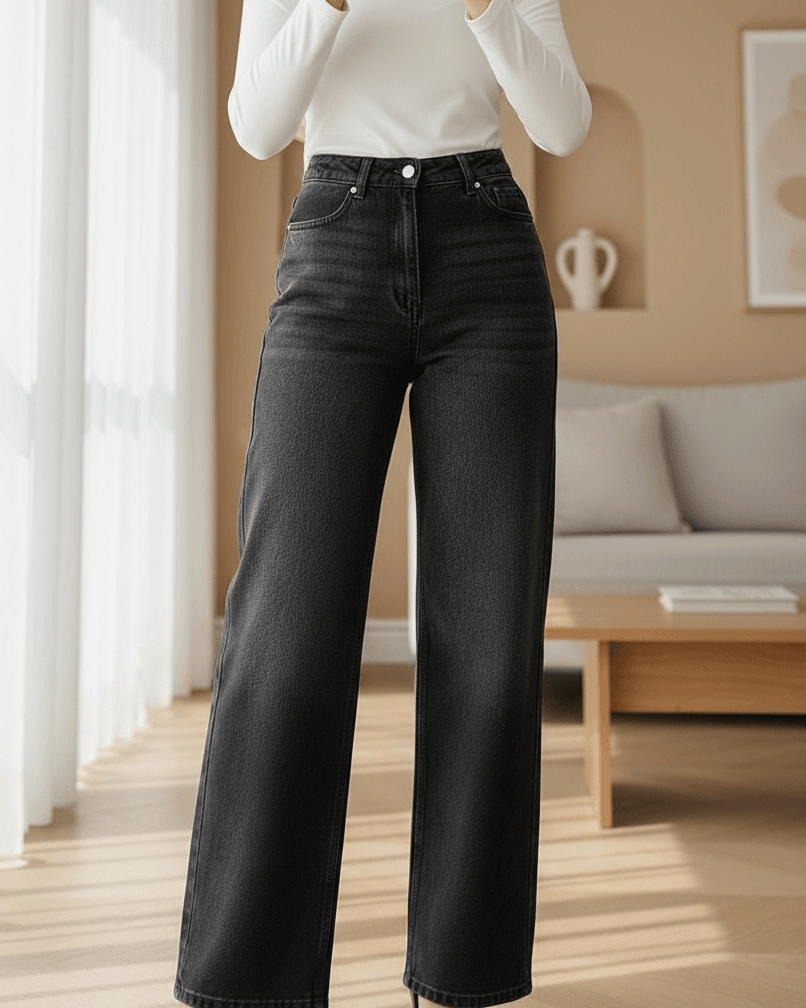 High Waist Stretch Denim Wide Leg Trousers - Black - Podyumplus - by Peralane - photo 3
