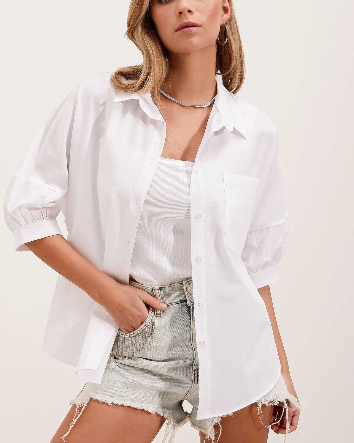 Oversize Short Sleeve Basic Blouse - White - Bigdart - by Peralane