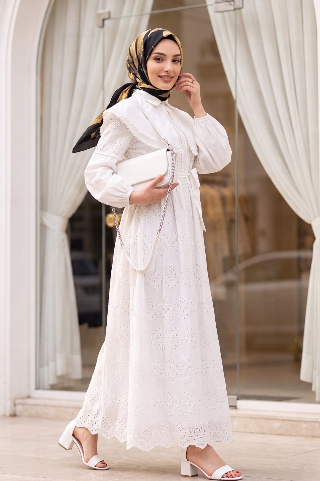 White Cape Collar Lace Detail Midi Dress - Podyumplus - by Peralane - photo 3