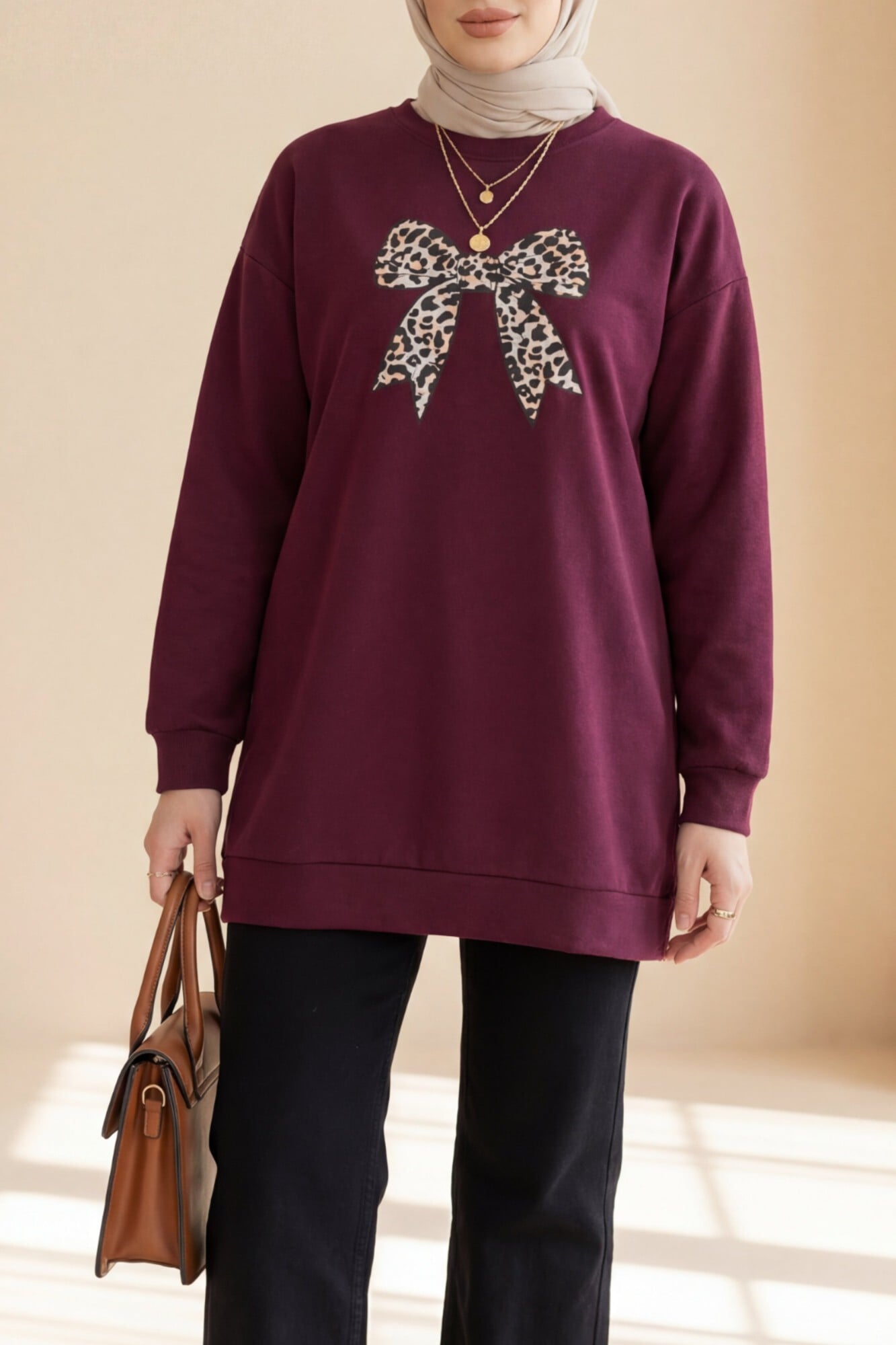 Round Neck Bow Print Oversized Tunic - Plum - Podyumplus - by Peralane - photo 3