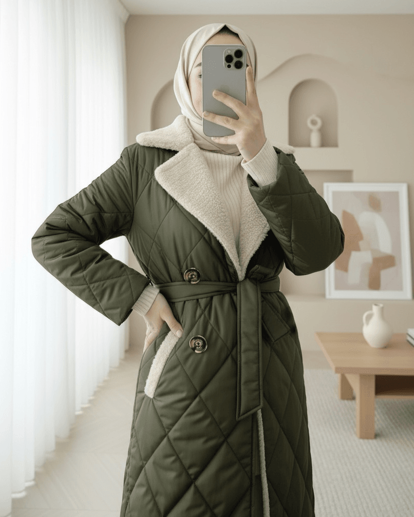 Women's Quilted Coat with Faux Fur Collar and Belt - Khaki - Podyumplus - by Peralane - photo 3
