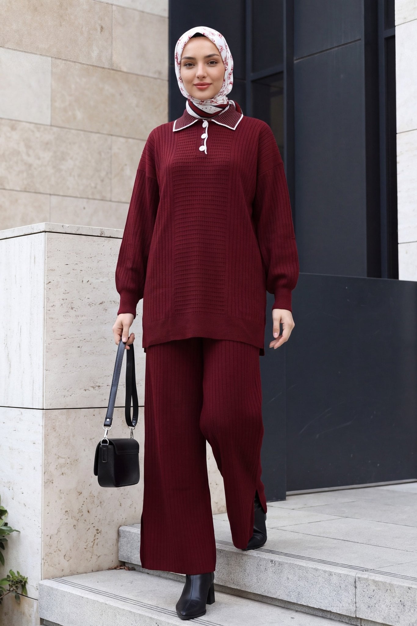Polo Collar Button Ribbed Slit Knit Set - Burgundy - Podyumplus - by Peralane - photo 4