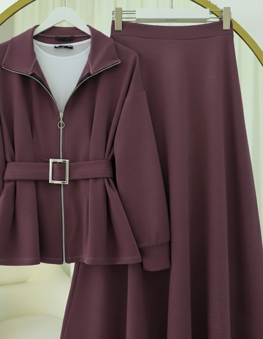 Zip-Front Belted Jersey Co-ord Set with Skirt - Plum - Podyumplus - by Peralane - photo 4