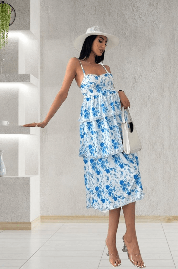 Women's Sleeveless Spaghetti Strap Floral Print Suprem Midi Dress with Ruffle Details - Janes - by Peralane - photo 2