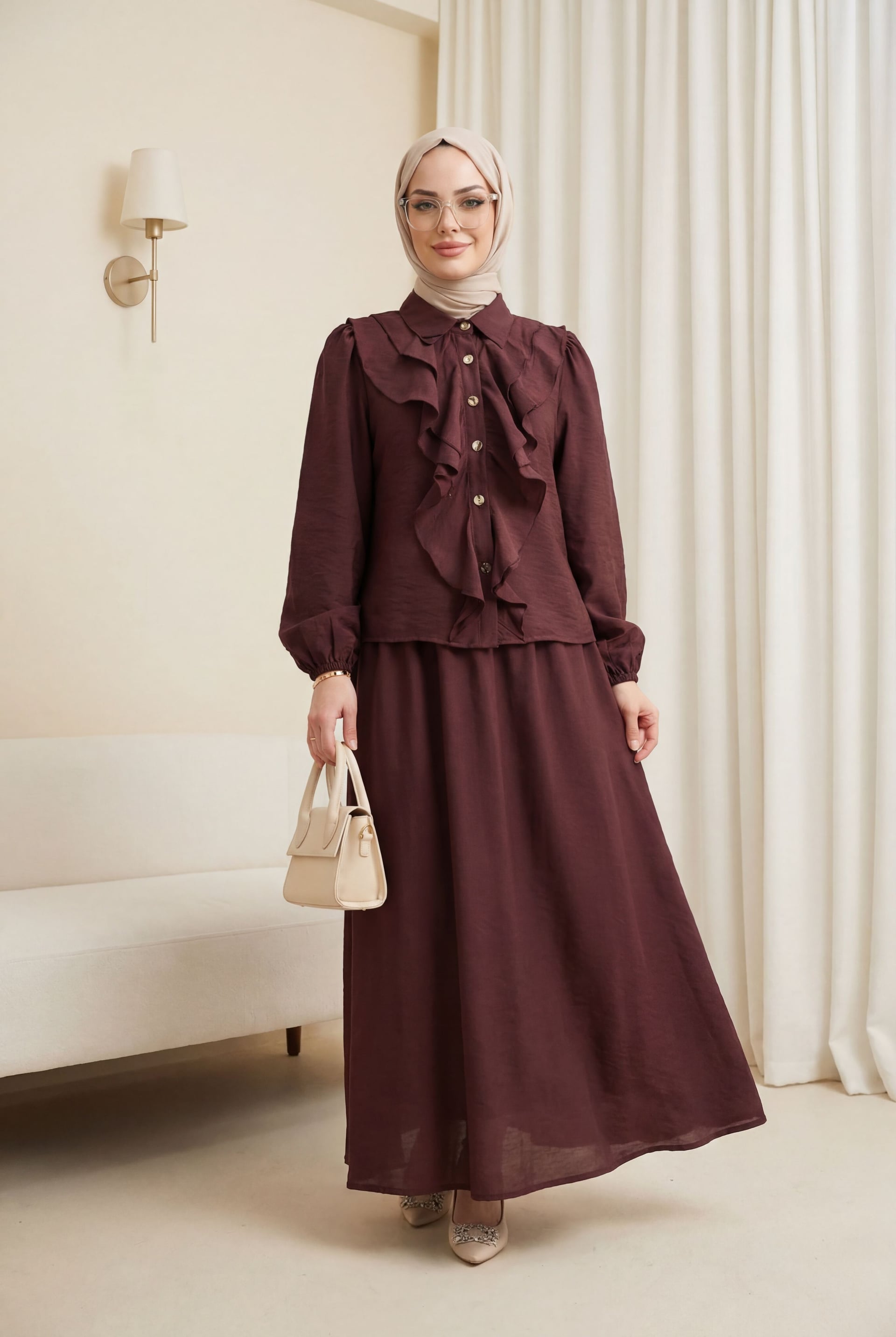 Ruffled Front Long-Sleeve Blouse and A-Line Skirt Two-Piece Set - Podyumplus - by Peralane - photo 2