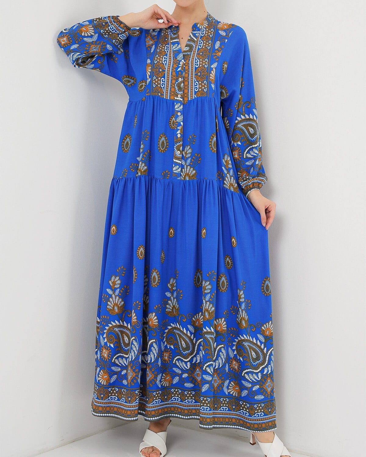 Women's Authentic Patterned Modest Dress with Paisley and Floral Print - Blue - Bigdart - by Peralane - photo 6