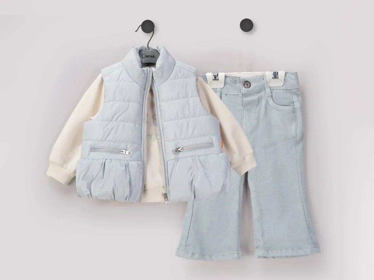 Girls' 3-Piece Set with Vest, Top, and Denim Trousers - Beyaz Bebek - by Peralane