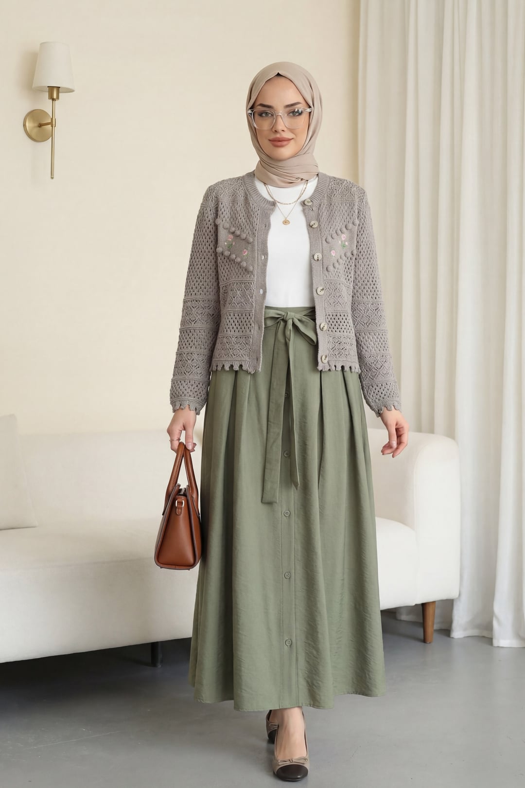 Floral Embroidered Pompon Button Knit Cardigan - Taupe - Podyumplus - by Peralane - photo 2