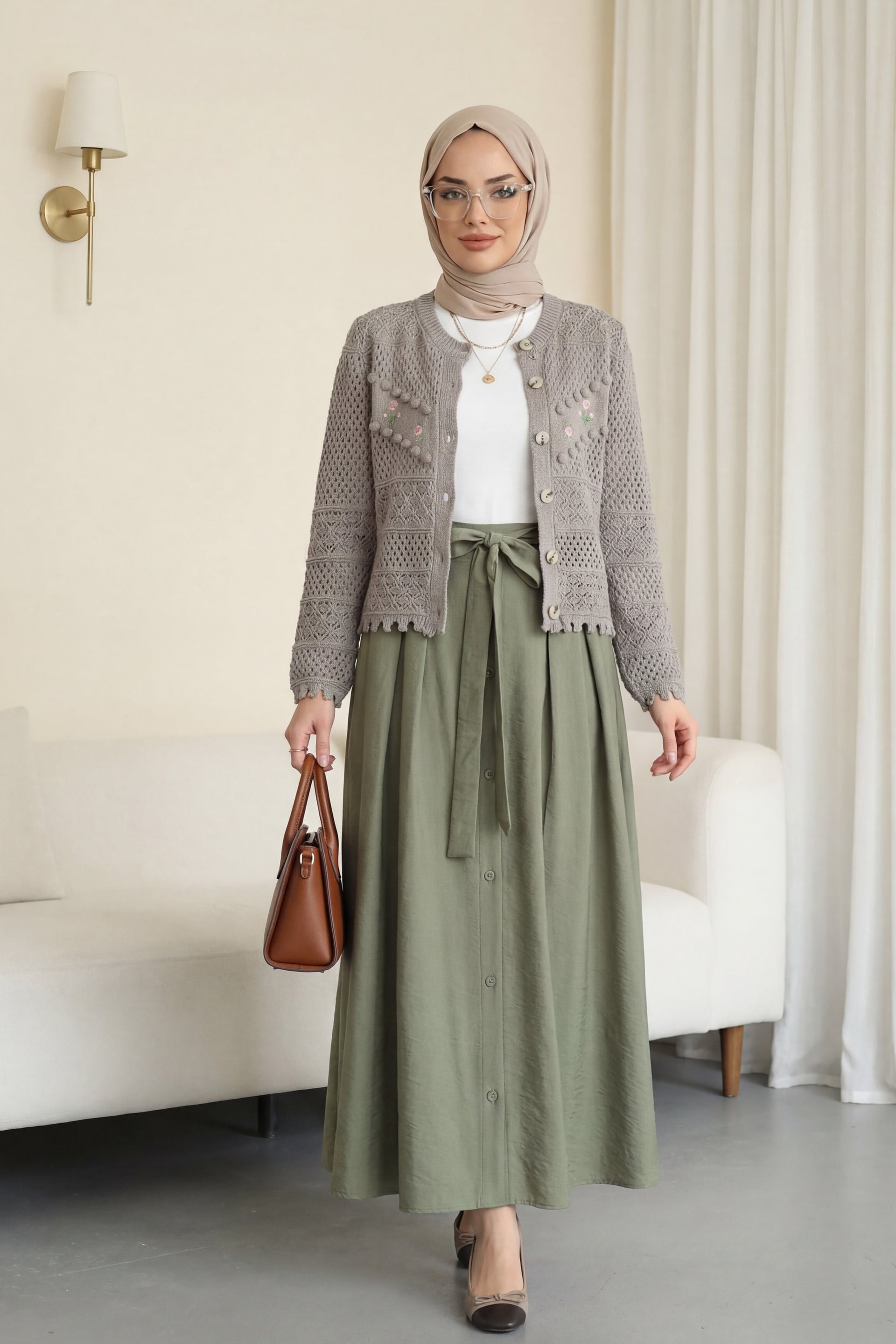 Floral Embroidered Pompon Button Knit Cardigan - Taupe - Podyumplus - by Peralane - photo 2