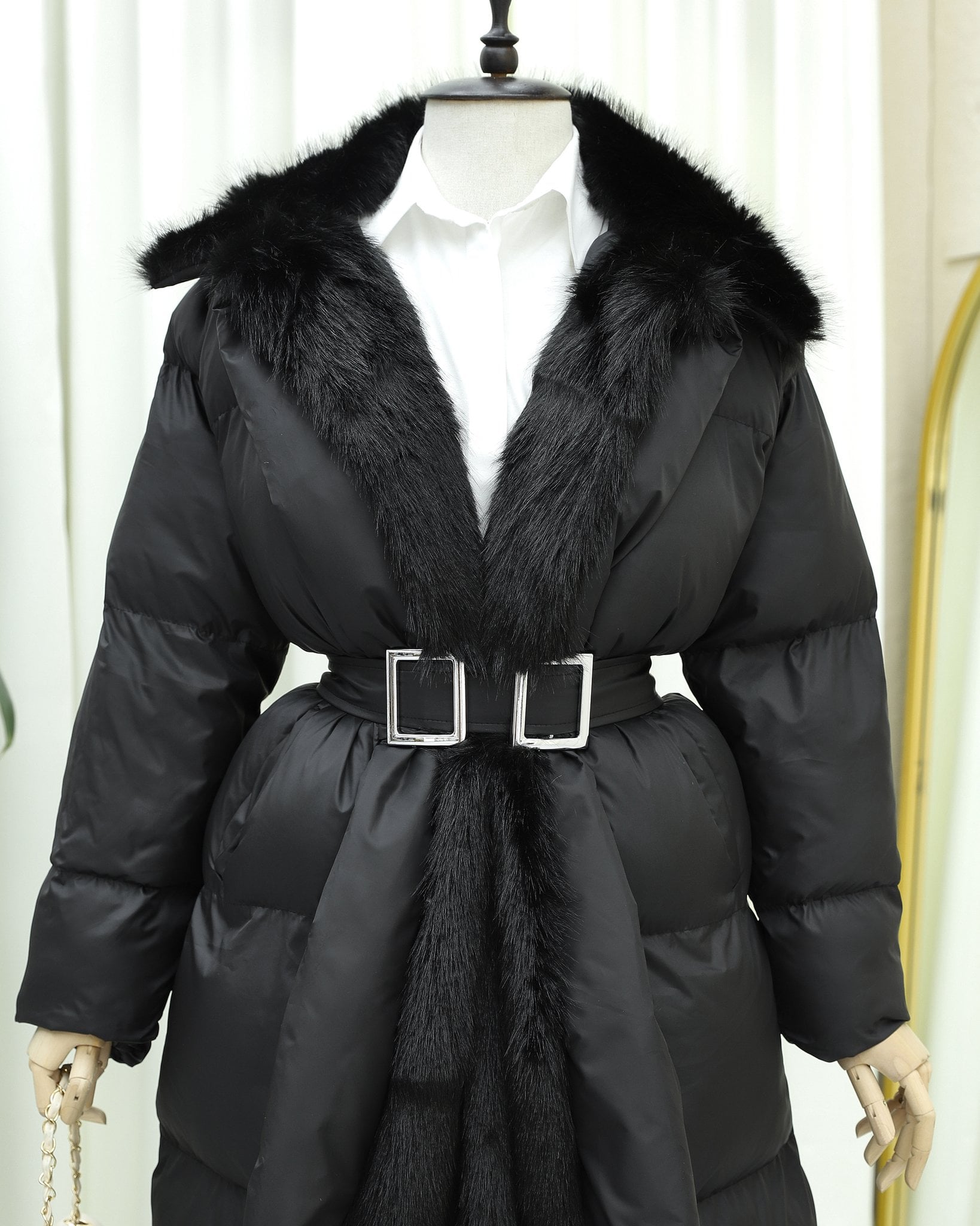 Faux Fur Trim Belted Pocketed Quilted Puffer Coat - Black - Podyumplus - by Peralane - photo 9