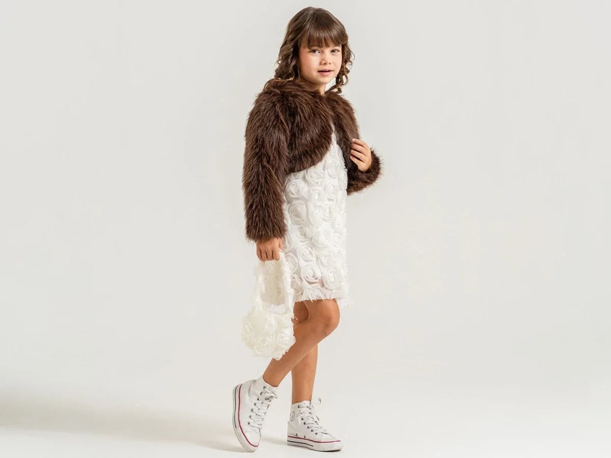 Girl's Dress Set with Rose Embroidery, Lace and Faux Fur Bolero - Dark Brown - Pampal Kids - by Peralane