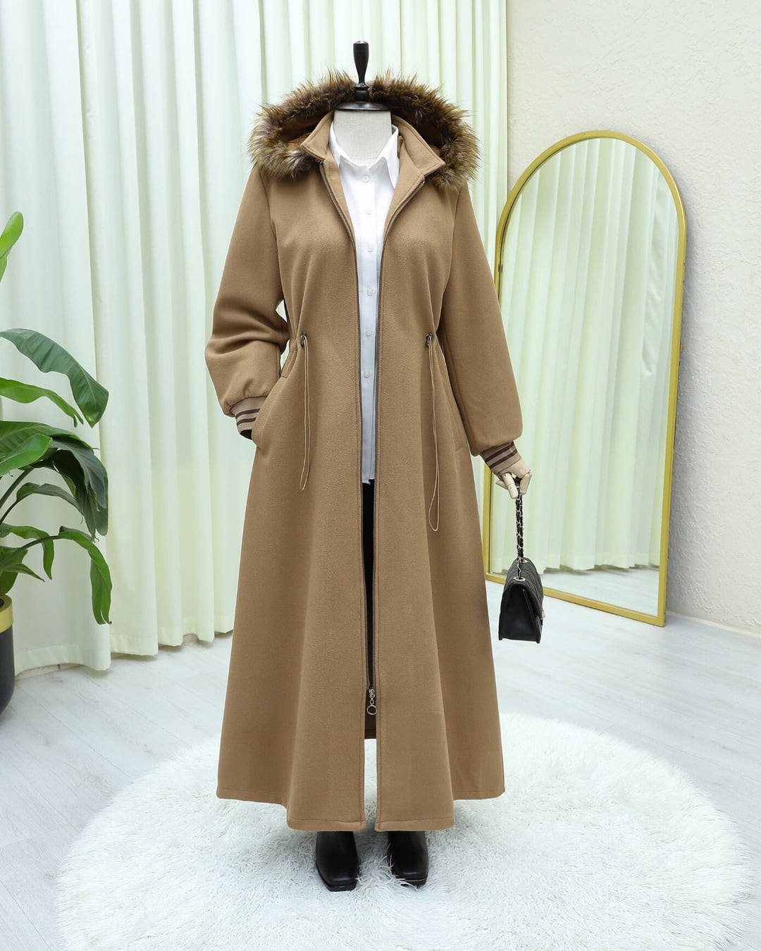 Camel Hooded Drawstring Waist Faux Fur Trim Coat - Women's Modest Outerwear - Podyumplus - by Peralane - photo 3