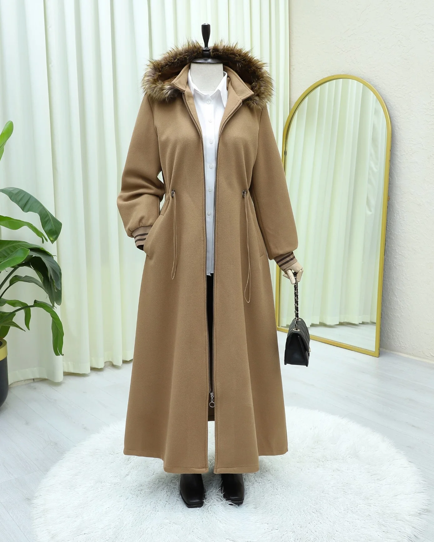 Camel Hooded Drawstring Waist Faux Fur Trim Coat - Women's Modest Outerwear - Podyumplus - by Peralane - photo 3