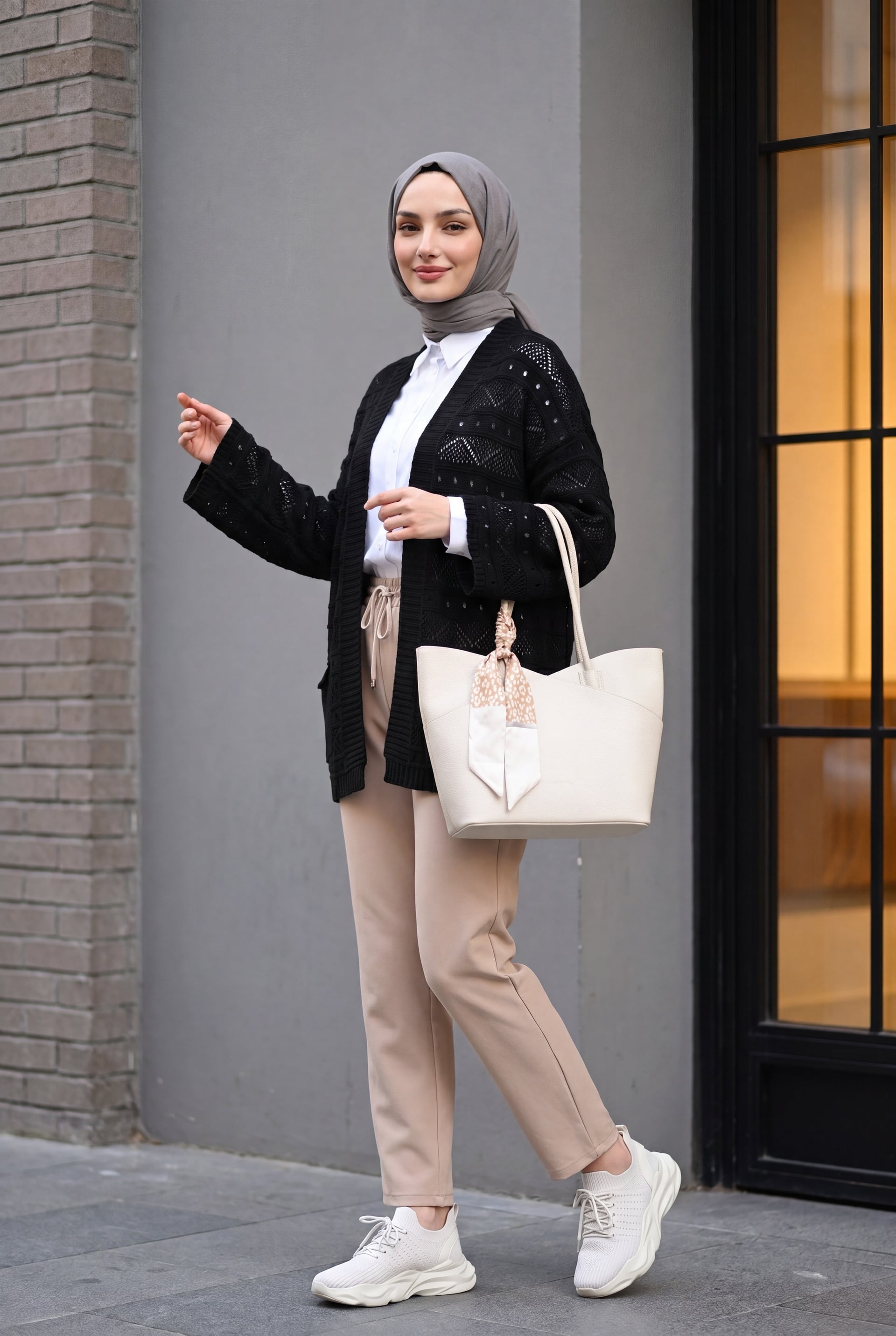 Black Open-Knit Spanish-Sleeve Cardigan with Double Pockets - Podyumplus - by Peralane - photo 3