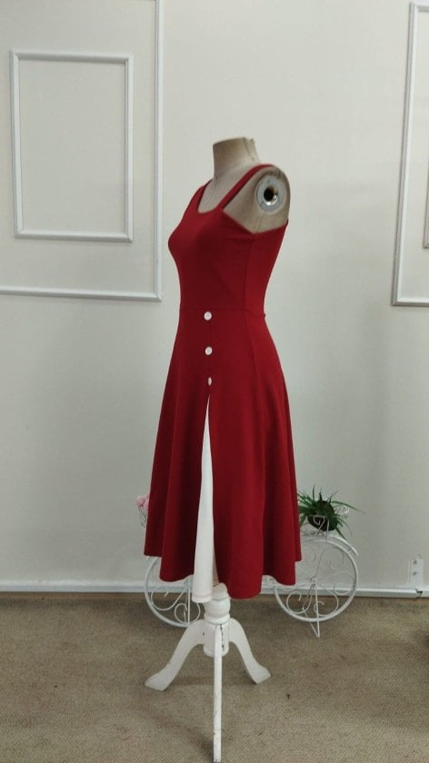 Women's Red Sleeveless Asymmetric Midi Dress with White Panel and Buttons - Janes - by Peralane - photo 5