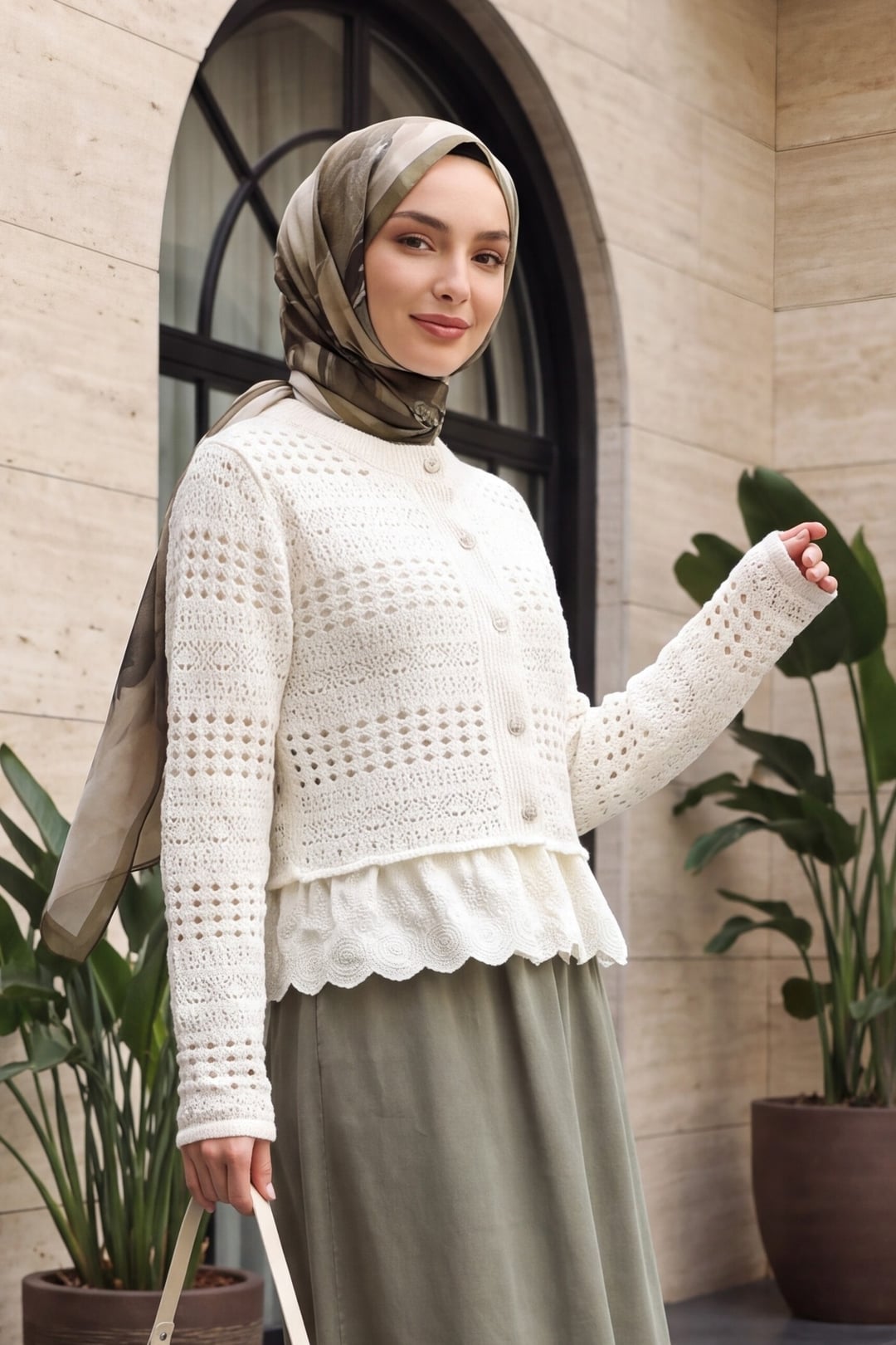 Women's Frill Hem Open-Knit Button Cardigan - Ecru - Podyumplus - by Peralane