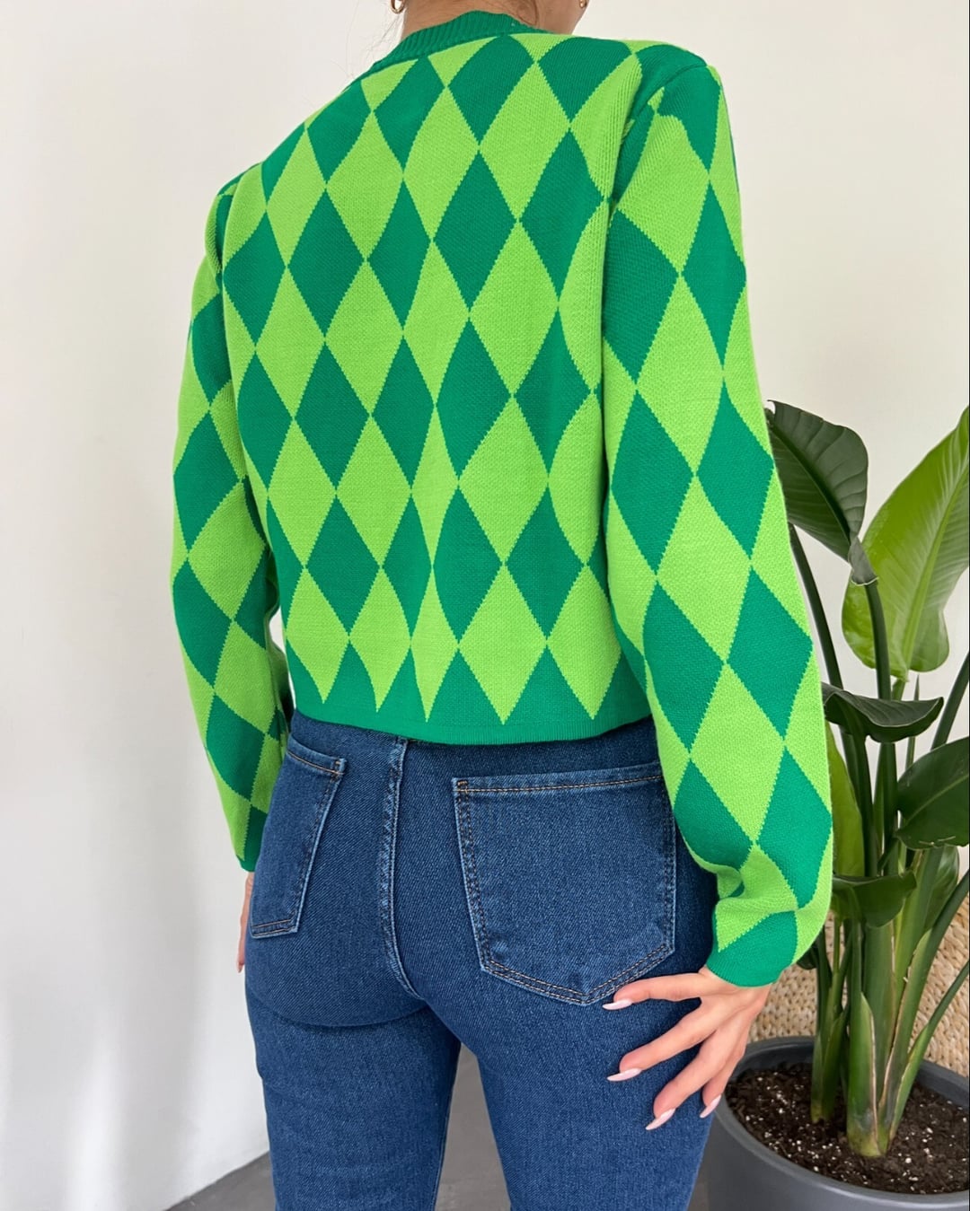 Green Diamond Pattern Button-Front Knit Cardigan - Podyumplus - by Peralane - photo 3