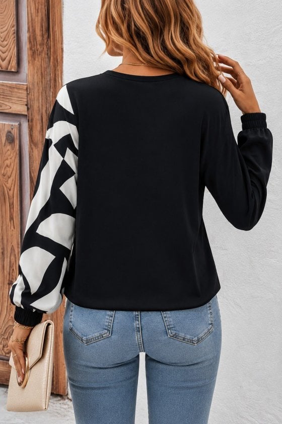 Women's Long Sleeve V-Neck Wrap Blouse with Abstract Leaf Print - Janes - by Peralane - photo 3