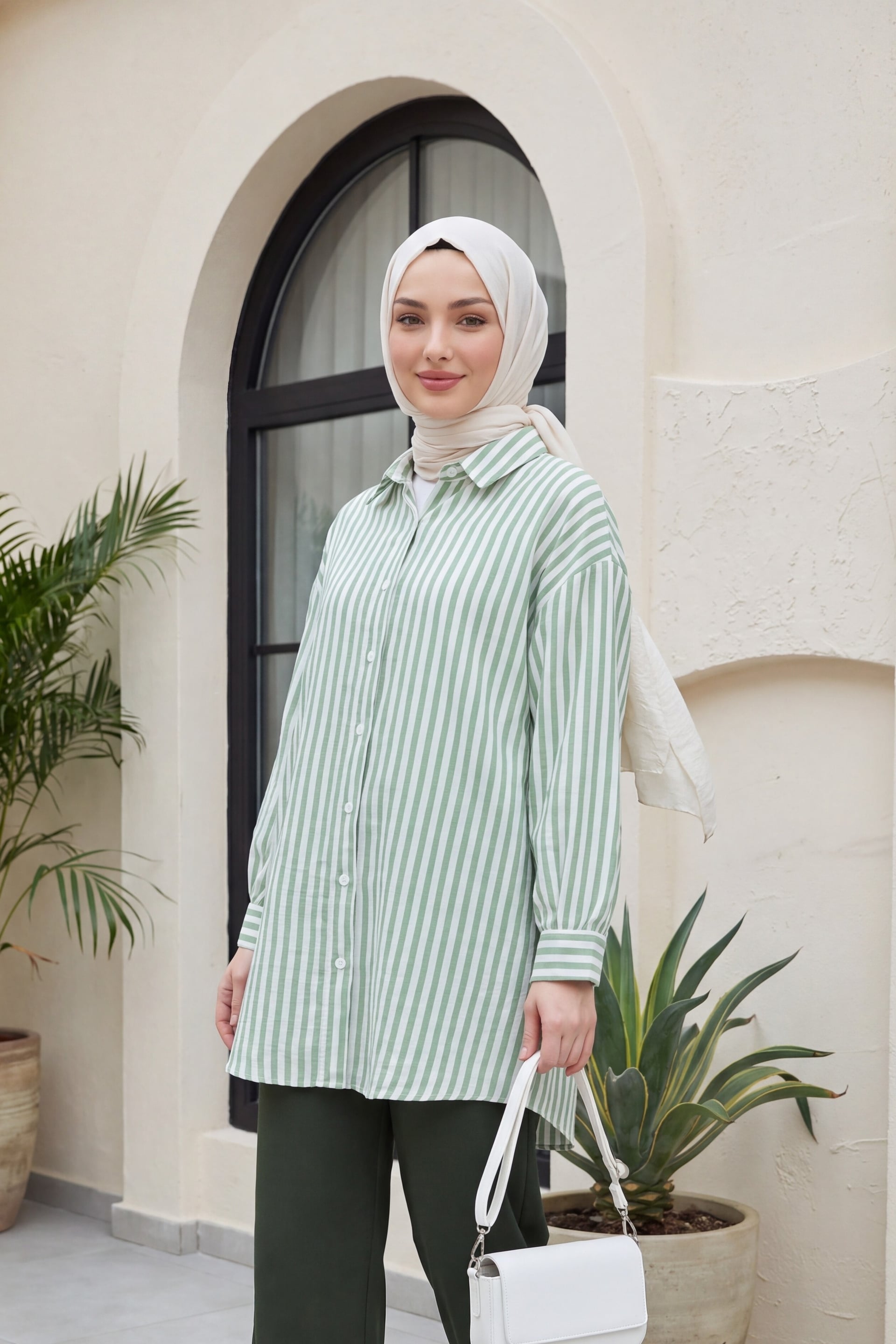 Striped Linen Look Tunic and Trousers Set - Green - Podyumplus - by Peralane