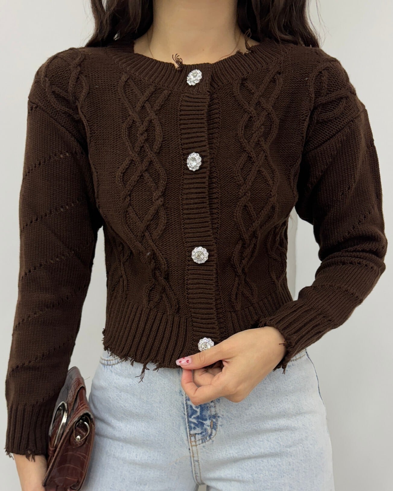 Stone Button Distressed Crop Cardigan - Brown - Podyumplus - by Peralane - photo 5
