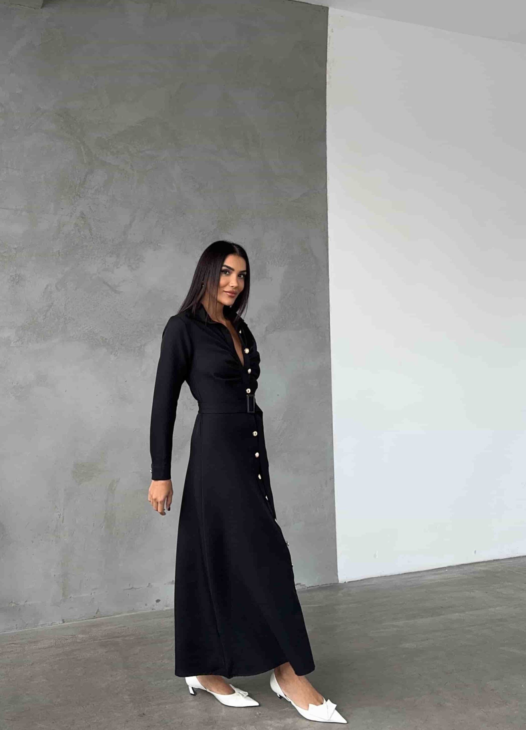 Women's Long-Sleeved Black Maxi Shirt Dress with Belt - My Bee - by Peralane - photo 4