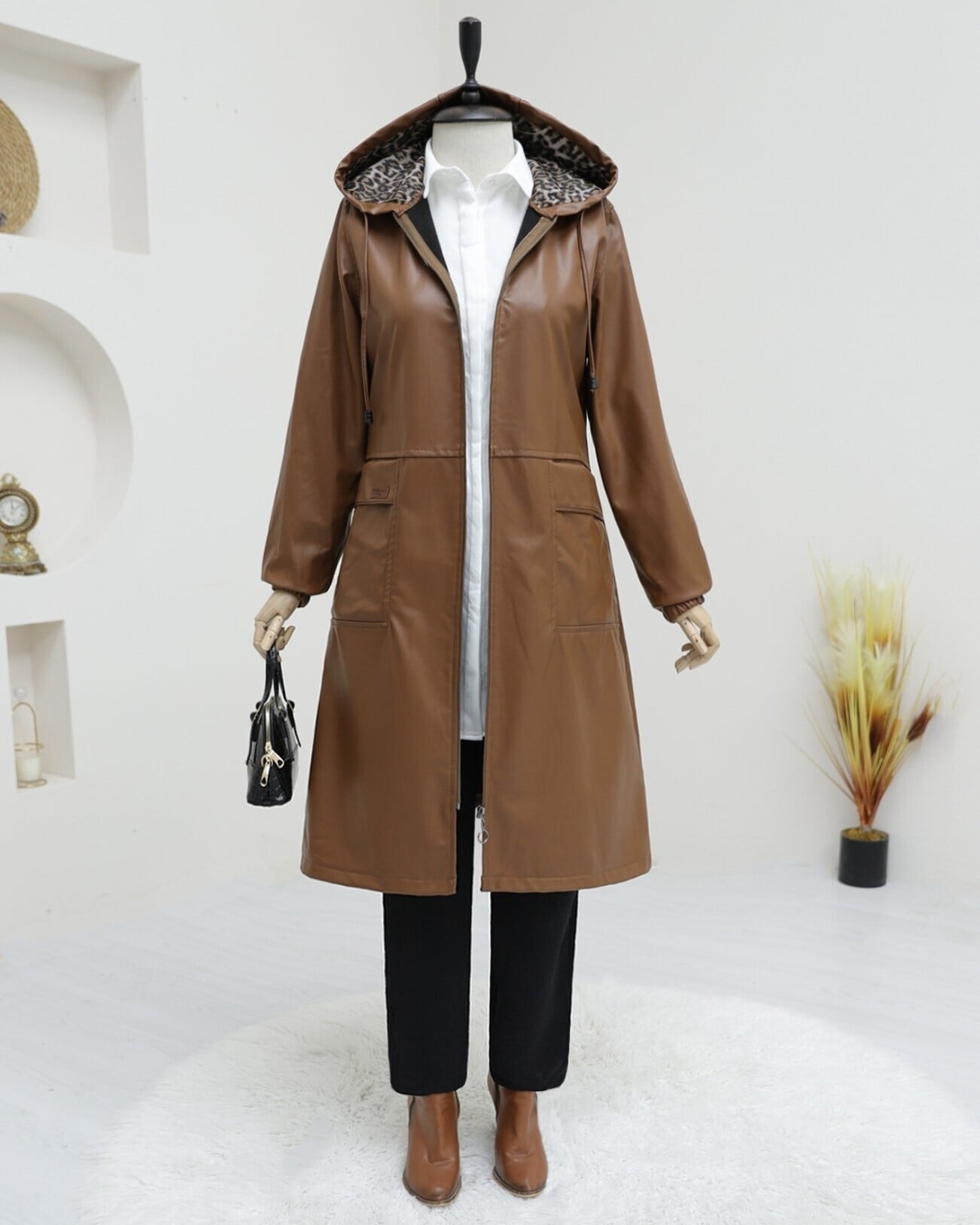 Women's Hooded Faux Leather Jacket with Leopard Lining - Brown - Podyumplus - by Peralane - photo 5