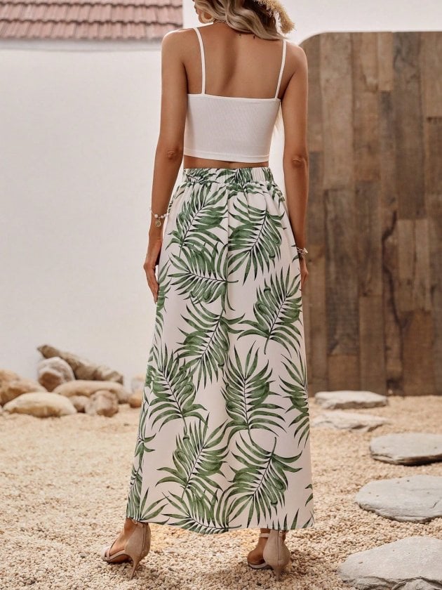 Women's Two-Piece Set: Ribbed Crop Top and Palm Print Skirt - Janes - by Peralane - photo 6