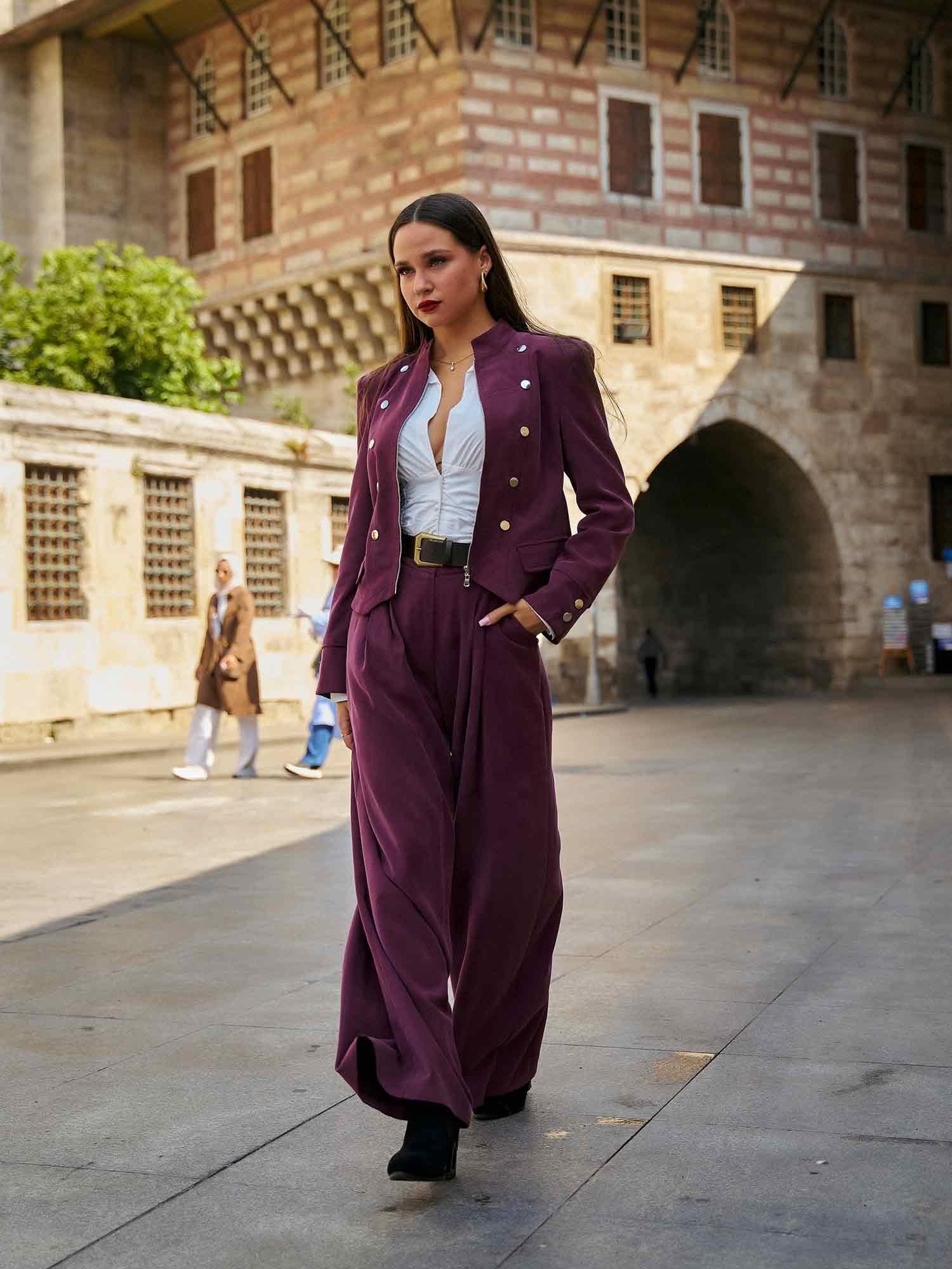Belted Pleated Palazzo Pants in Deep Plum - Lefon - by Peralane - photo 3