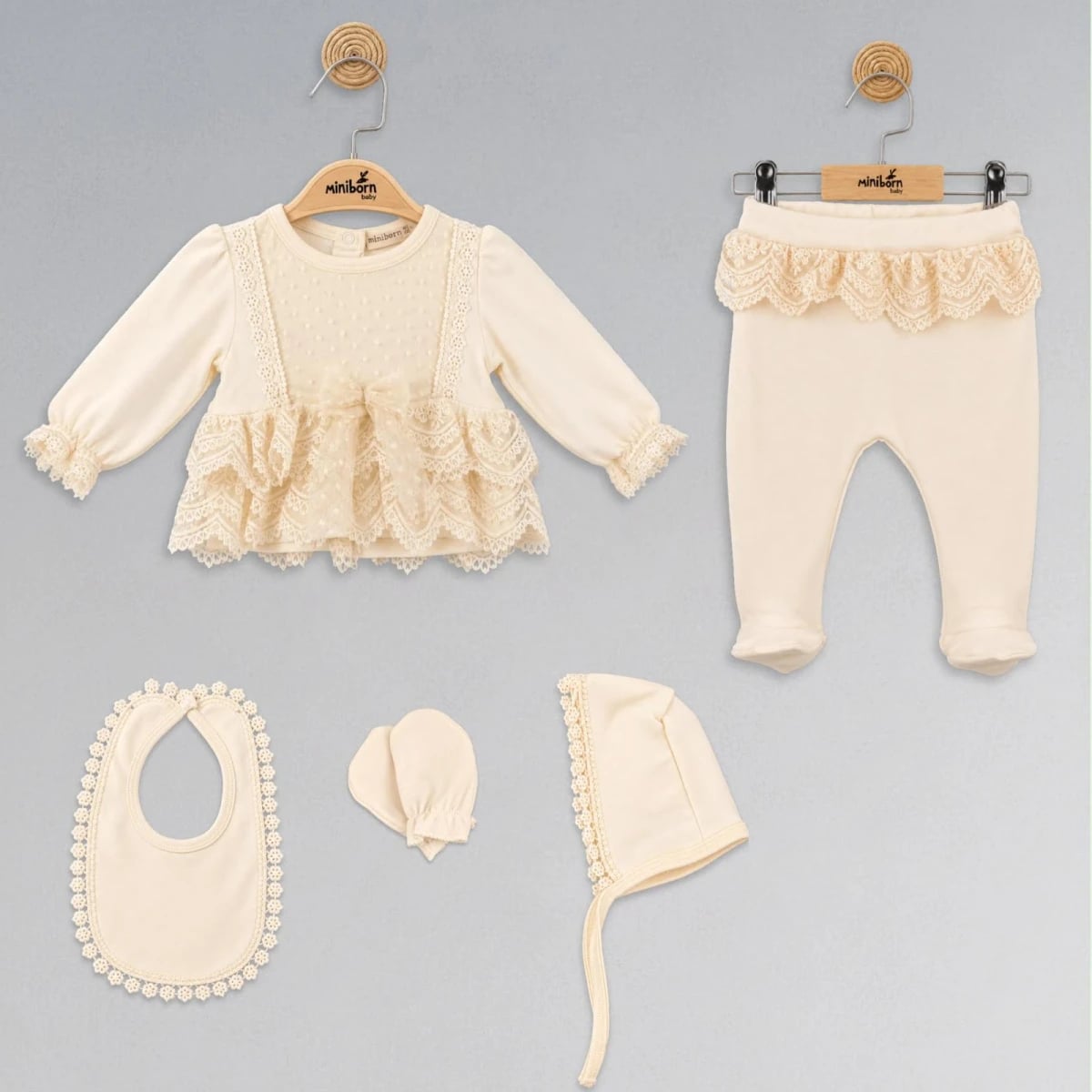 Newborn Baby Girl 5-Piece Cream Knit Set with Bonnet and Mittens - Miniborn - by Peralane