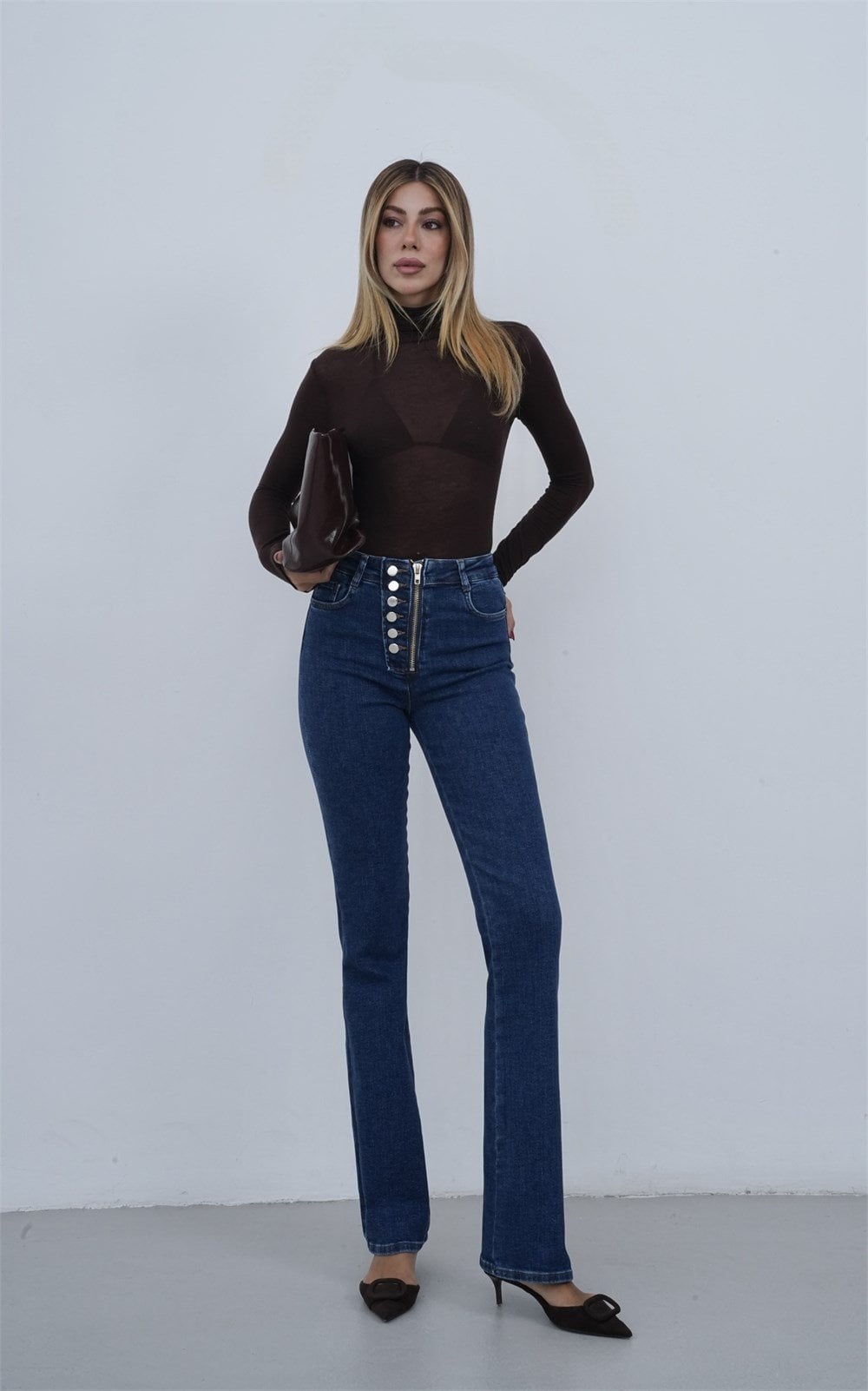 High Waist Button Detail Zip Fly Straight Leg Dark Blue Denim Jeans - Lacarino Jeans - by Peralane - photo 5