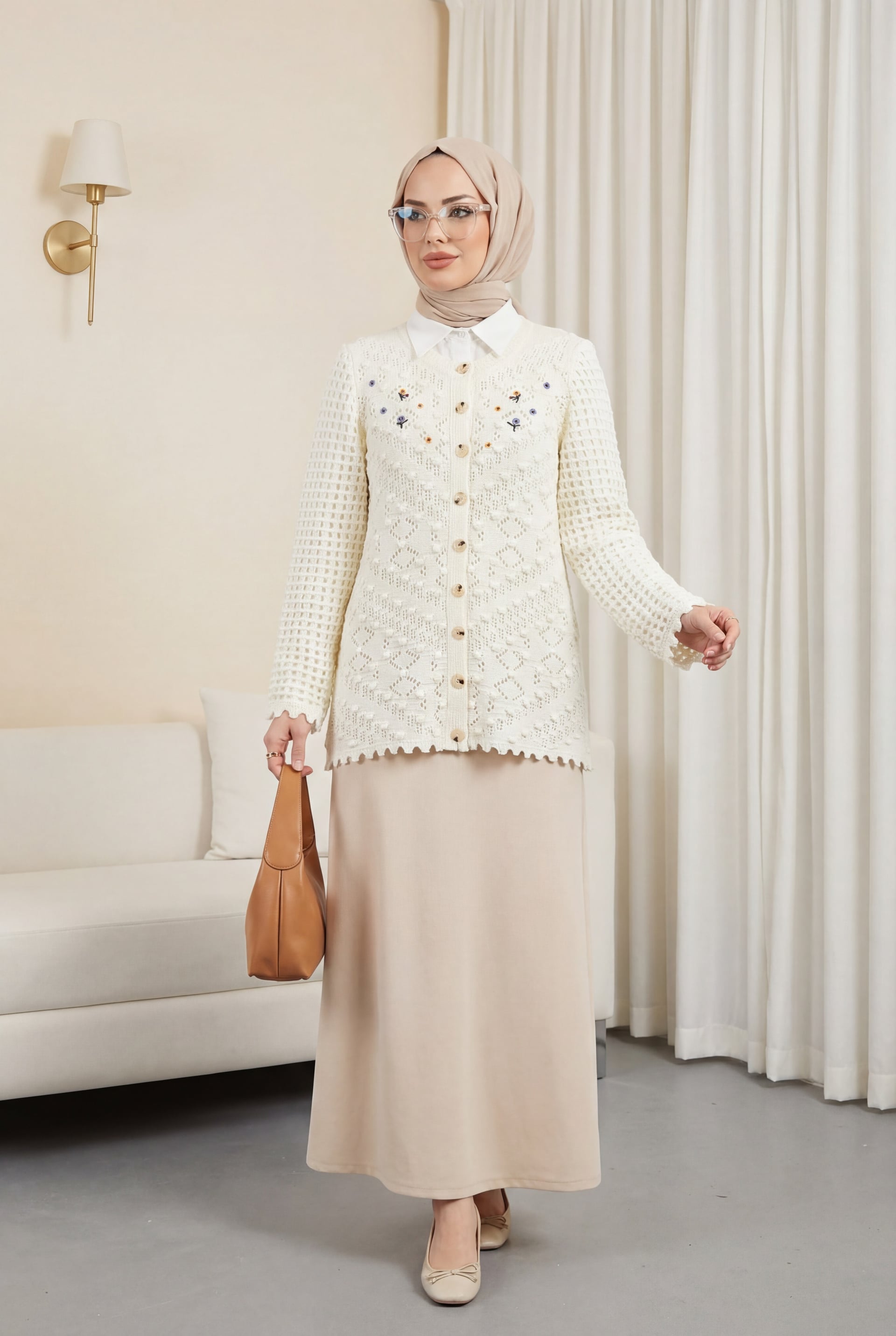 Cream Round Neck Button Knit Cardigan with Pom Pom Details - Podyumplus - by Peralane