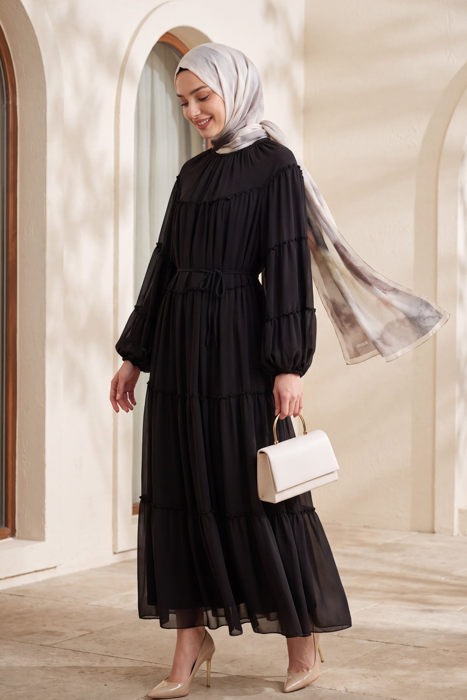 Ruffled Tie-Belt Long Dress with Bishop Sleeves - Dark Brown - Podyumplus - by Peralane