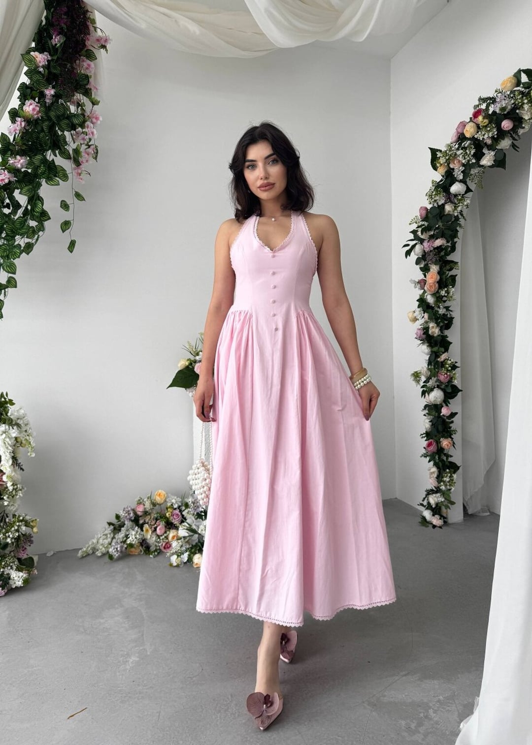 Pink Halter Neck Button Front Poplin Dress - Etika - by Peralane - photo 8