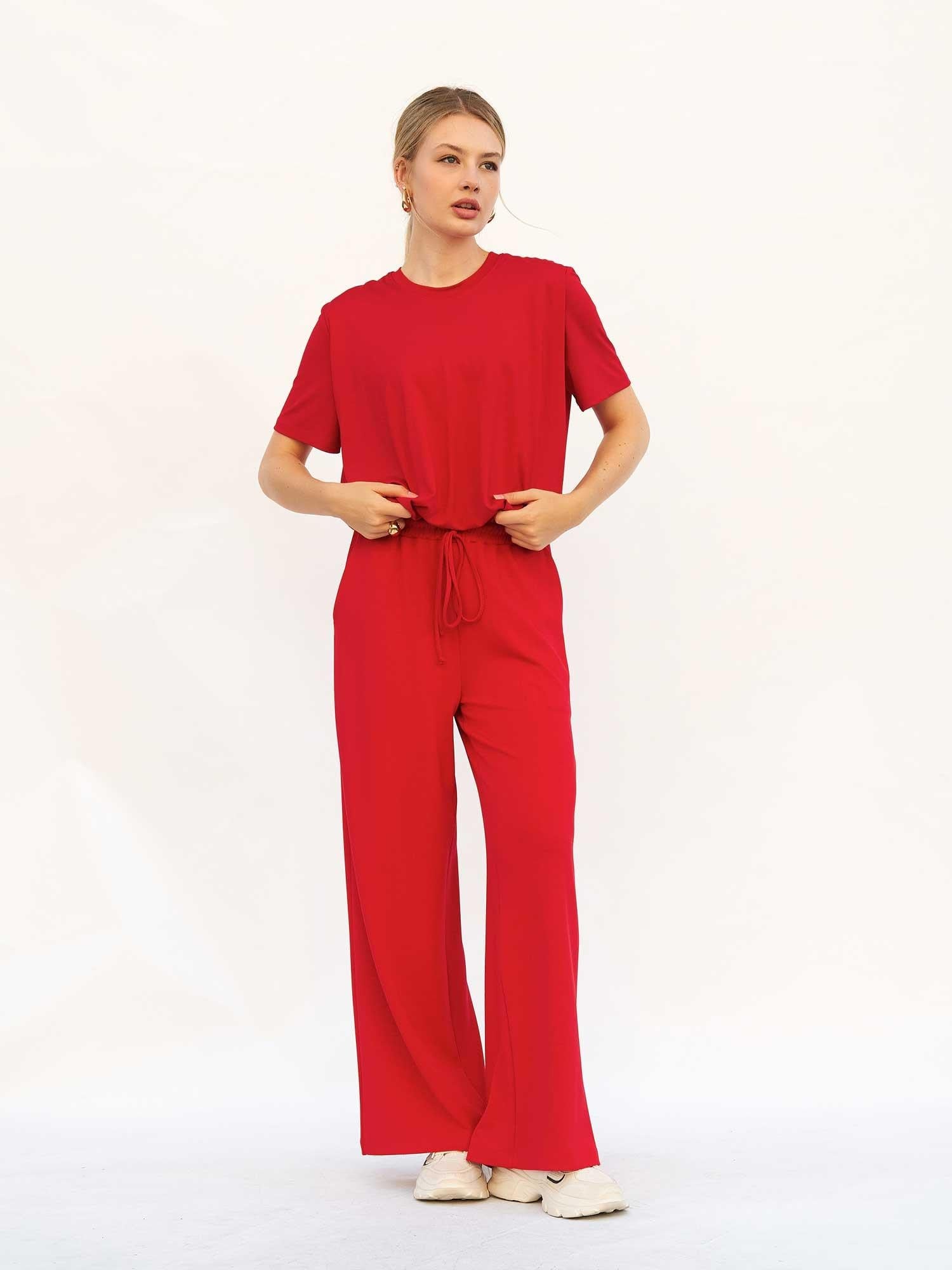 Women's Cotton-Blend Lounge T-Shirt and Trousers Set in Red - Lefon - by Peralane - photo 4