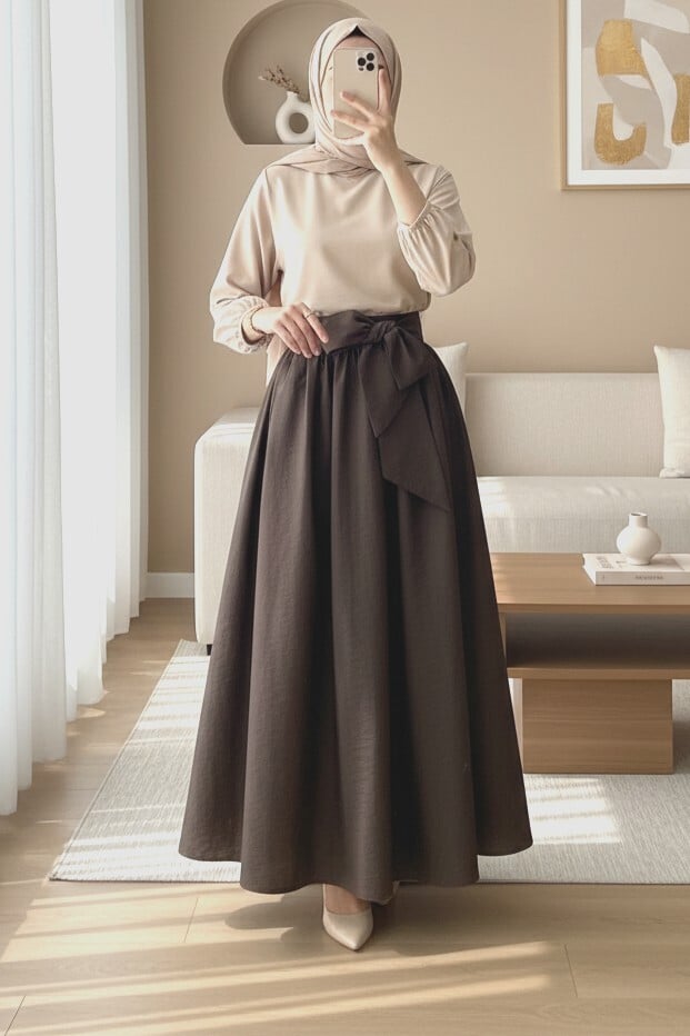 Pleated Belted Parachute Skirt - Dark Brown - Podyumplus - by Peralane - photo 2