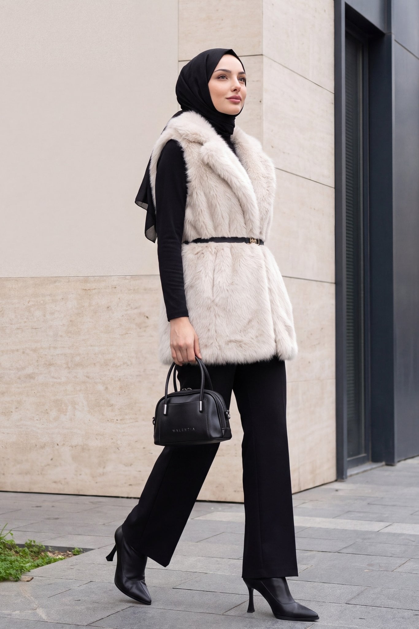 Belted Buttoned Faux Fur Lined Vest - Cream - Podyumplus - by Peralane - photo 3