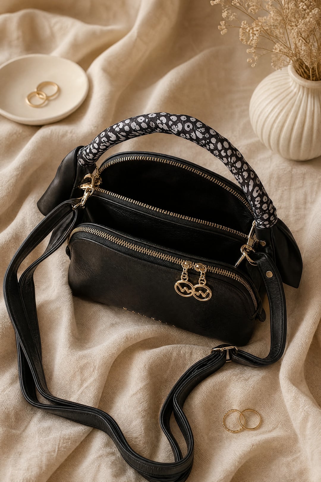 Two-Compartment Black Faux Leather Bag with Scarf Detail and Shoulder Strap - Podyumplus - by Peralane - photo 2