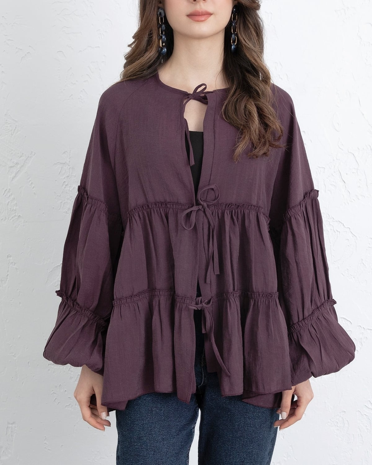 Tie-Front Layered Modal Tunic with Elasticated Sleeves - Deep Plum - Podyumplus - by Peralane - photo 3