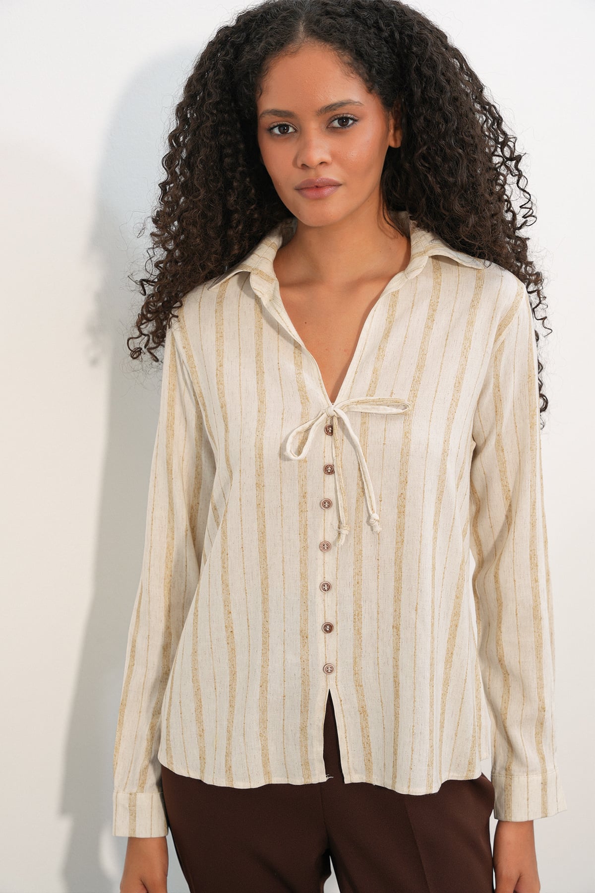Women's Lace-Up Striped Linen Blend Shirt 995 - Ecru - Bigdart - by Peralane - photo 4