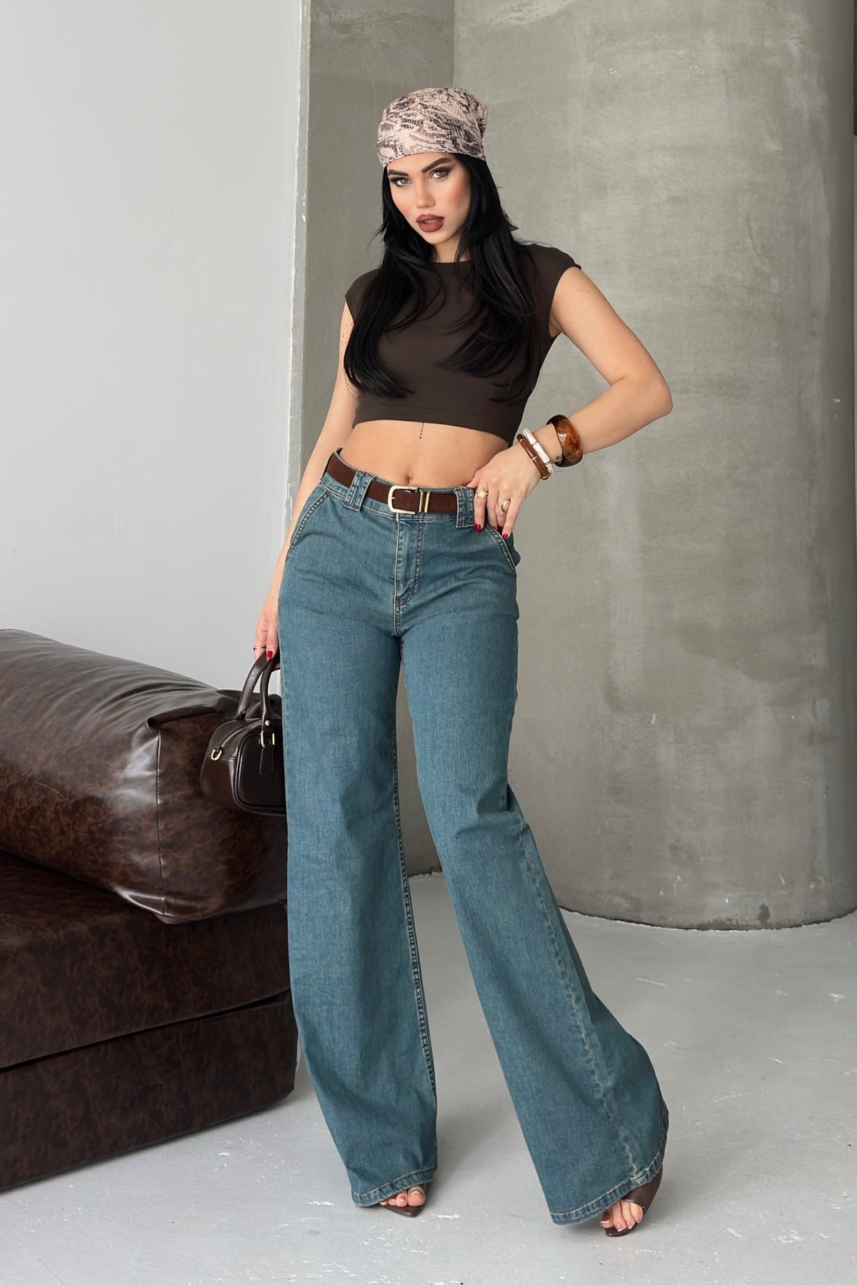 Milano Wide-Leg Denim Trousers with Belt Loops - Mid Blue Washed - Xlove - by Peralane - photo 2